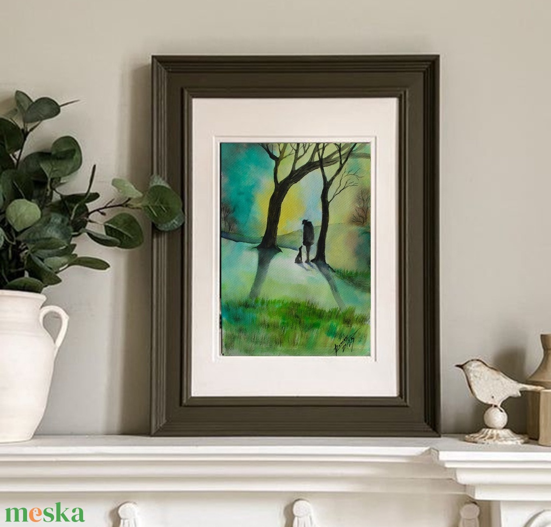 Ködös hajnal EREDETI akvarell festmény, kutyás dekoráció - művészet - festmény - akvarell - Meska.hu