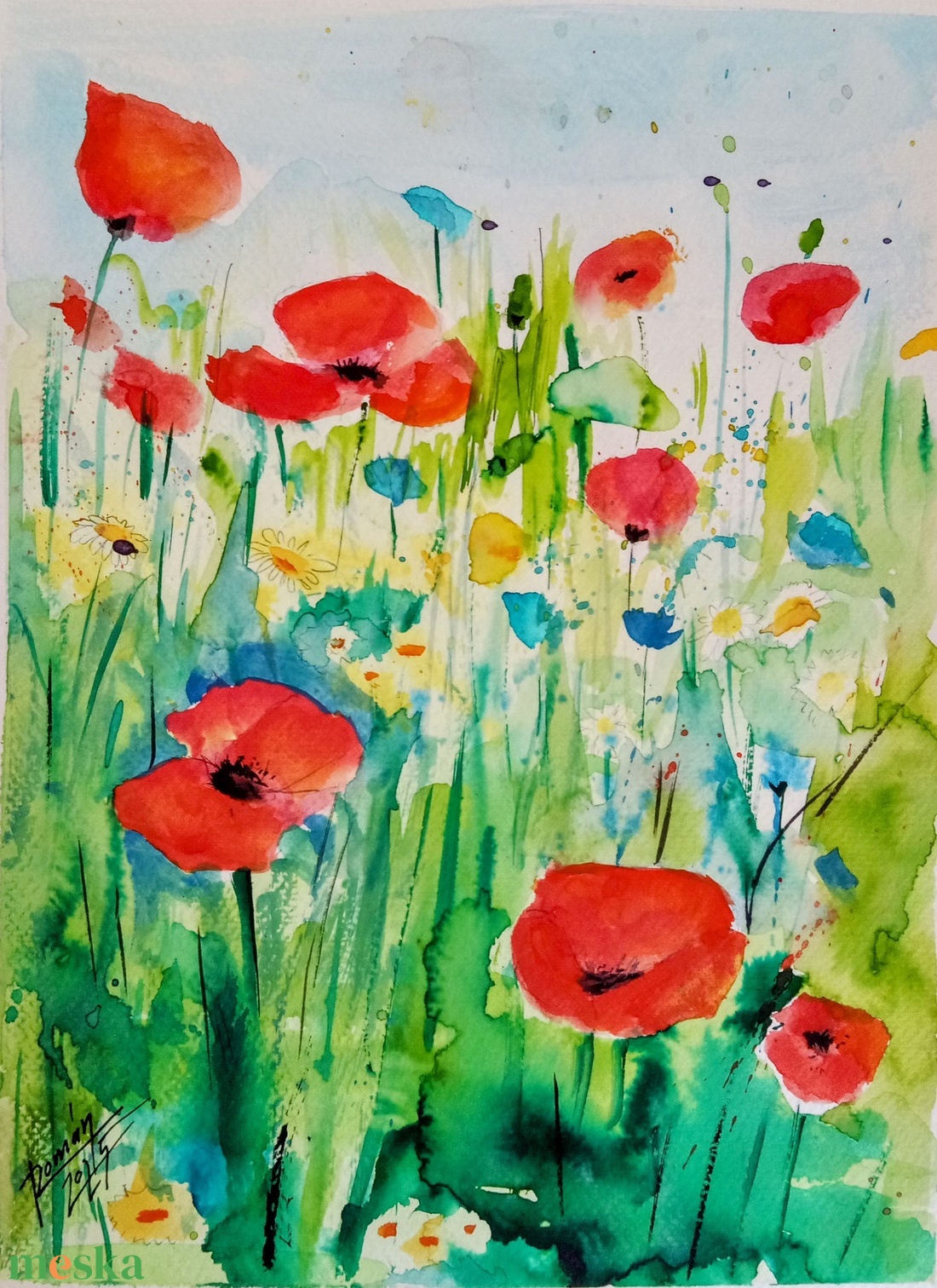 Búzavirágos pipacs mező, akvarell festmény - művészet - festmény - akvarell - Meska.hu