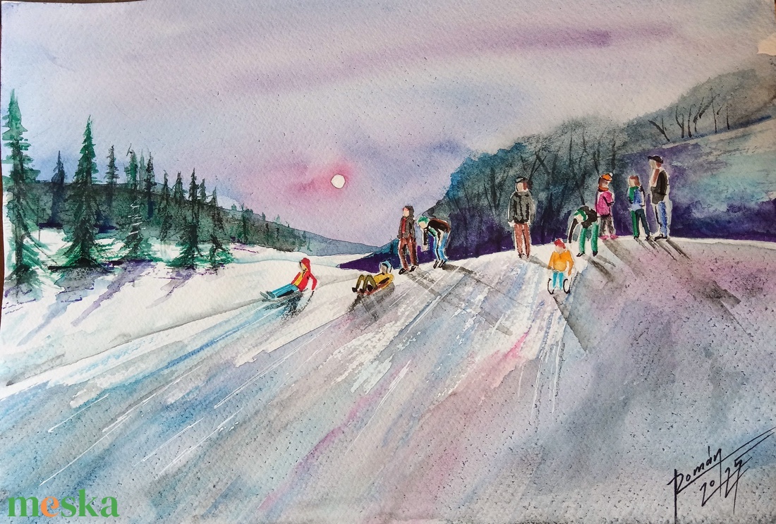 Téli hangulat akvarell festmény, karácsony, tájkép - karácsony - karácsonyi lakásdekoráció - karácsonyi lakásdíszek - Meska.hu