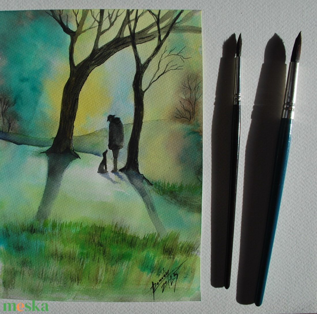 Ködös hajnal EREDETI akvarell festmény, kutyás dekoráció - művészet - festmény - akvarell - Meska.hu