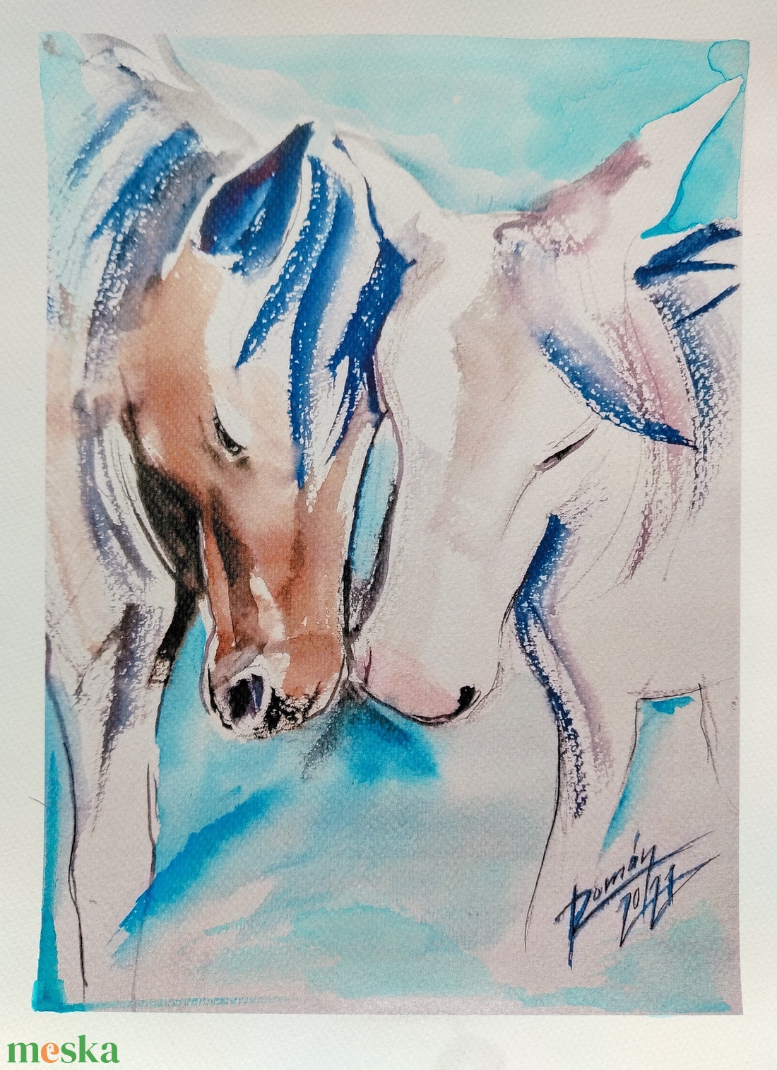  Együttlétben Akvarell festmény, lovak, ló, barátság, szerelem - művészet - festmény - akvarell - Meska.hu
