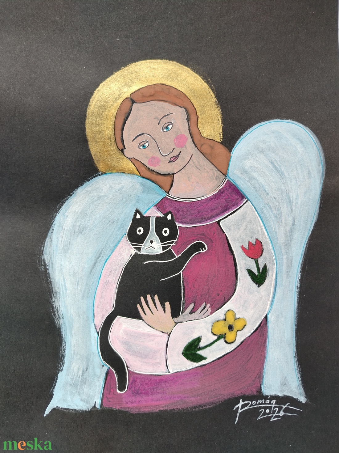 Cicás angyal Festett grafika, Macska - művészet - festmény - festmény vegyes technika - Meska.hu