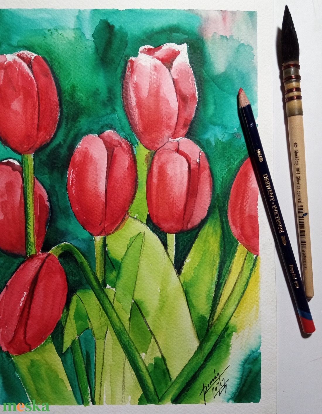 Tulipánok, eredeti akvarell festmény, Tulipán festmény - művészet - festmény - akvarell - Meska.hu