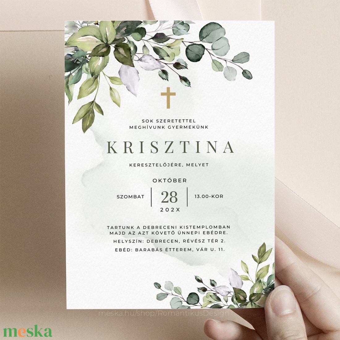 Greenery Keresztelő Meghívó, Zöld leveles, Watercolor meghívó, Keresztelkedés, Keresztelő Meghívó, Keresztelőre Meghívó - otthon & életmód - papír, írószer - ajándékozás kellékei - meghívó - Meska.hu