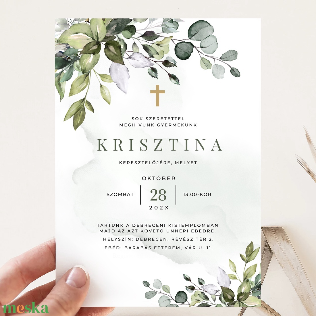 Greenery Keresztelő Meghívó, Zöld leveles, Watercolor meghívó, Keresztelkedés, Keresztelő Meghívó, Keresztelőre Meghívó - otthon & életmód - papír, írószer - ajándékozás kellékei - meghívó - Meska.hu