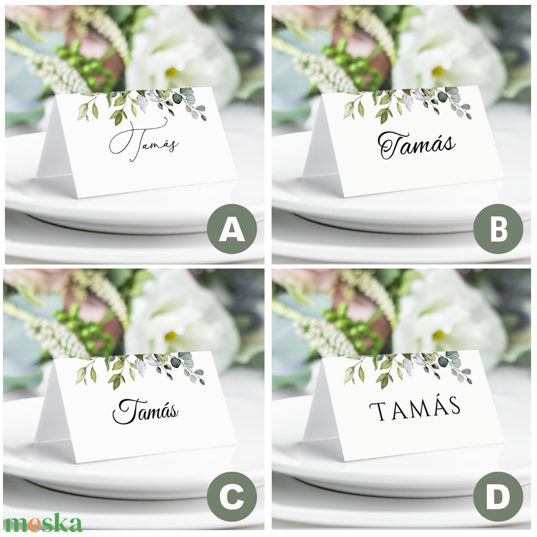 Greenery Ültetőkártya, Zöld Leveles Névkártya, Esküvői Ültetőkártya, Asztali Ültetőkártya, Esküvői asztal - esküvő - meghívó & kártya - ültetési rend - Meska.hu