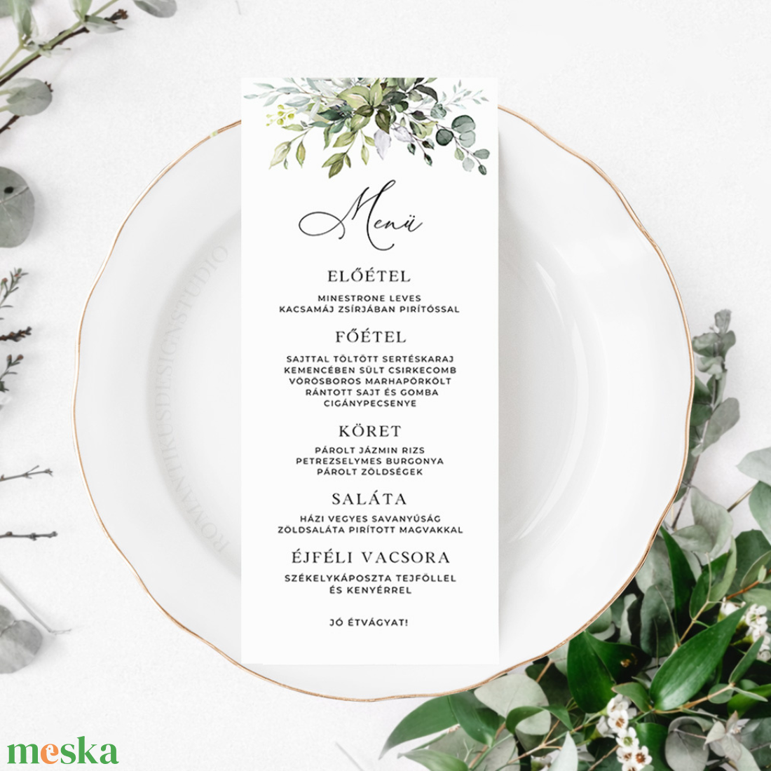 Esküvői Menü, Eskűvő Étlap, Étlap, Menü, Esküvő Vacsora, Esküvői Asztal, Zöld Étlap, Zöld Esküvői Étlap, Greenery Menü - esküvő - meghívó & kártya - menü - Meska.hu
