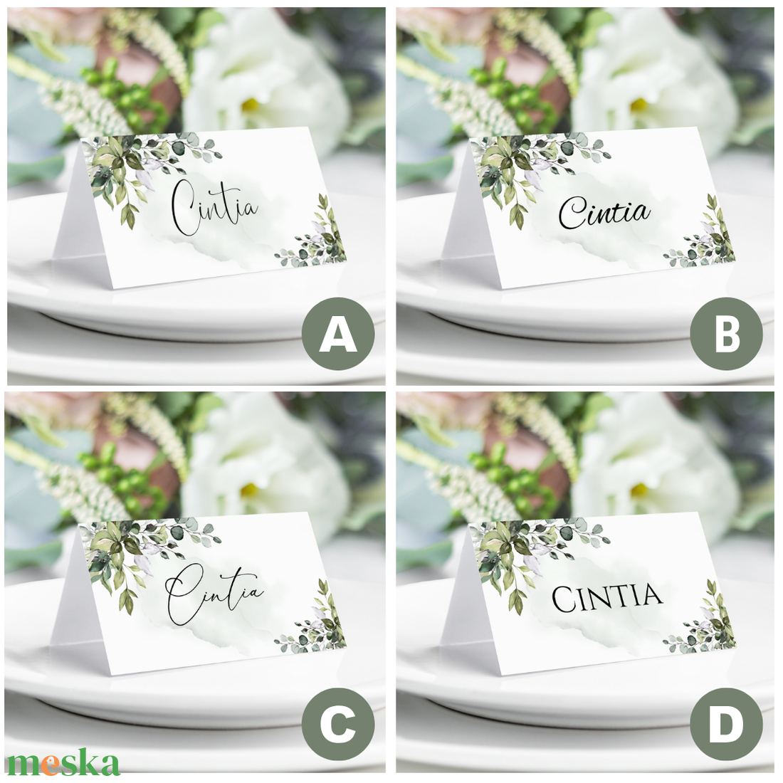 Zöld Leveles Ültetőkártya, Esküvői Ültetőkártya, Asztali Ültetőkártya, Esküvői asztal, Greneery névkártya - esküvő - meghívó & kártya - ültetési rend - Meska.hu