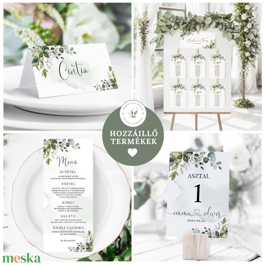 Zöld leveles Esküvői Menü, Eskűvő Étlap, Menü, Esküvő Étlap, Esküvői Asztal, Zöld Étlap, Itallap, Greenery Menü - esküvő - meghívó & kártya - menü - Meska.hu