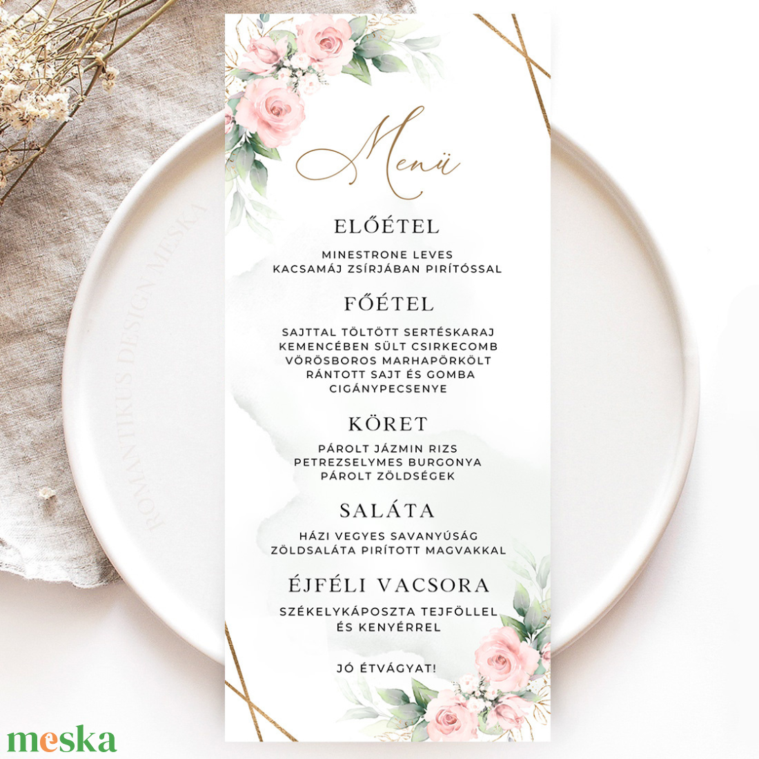 Rózsás Esküvői Menü, Eskűvő Étlap, Menü, Esküvő Étlap, Esküvői Asztal, Virágos Étlap, Itallap, Arany Menü - esküvő - meghívó & kártya - menü - Meska.hu