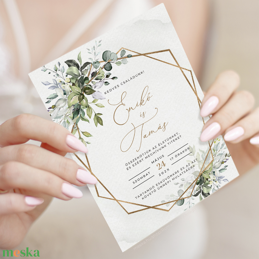 Geometrikus esküvői meghívó, Zöld leveles esküvői meghívó, Greenery Gold Esküvői Meghívó, Arany meghívó esküvőre,  - esküvő - meghívó & kártya - meghívó - Meska.hu