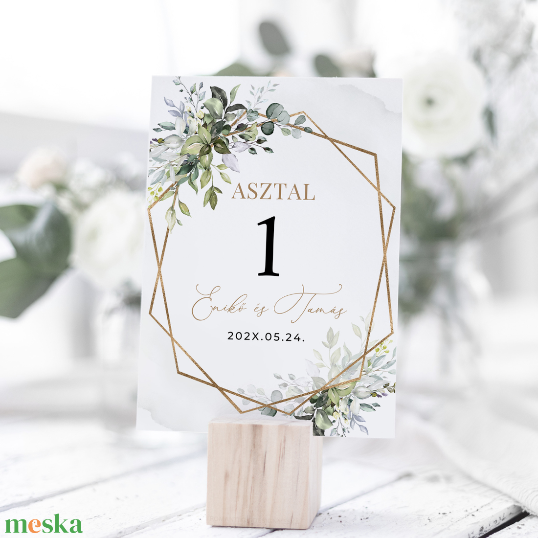 Zöld leveles esküvői asztalszám, Geometrikus asztalszám, Esküvő asztal, Asztal jelzés esküvőre, Asztalszám kártya, Arany - esküvő - dekoráció - tábla & jelzés - Meska.hu