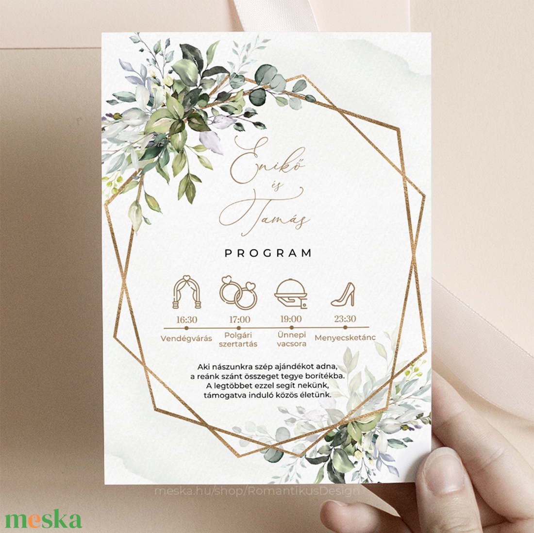 Geometrikus esküvői meghívó, Zöld leveles esküvői meghívó, Greenery Gold Esküvői Meghívó, Arany meghívó esküvőre,  - esküvő - meghívó & kártya - meghívó - Meska.hu