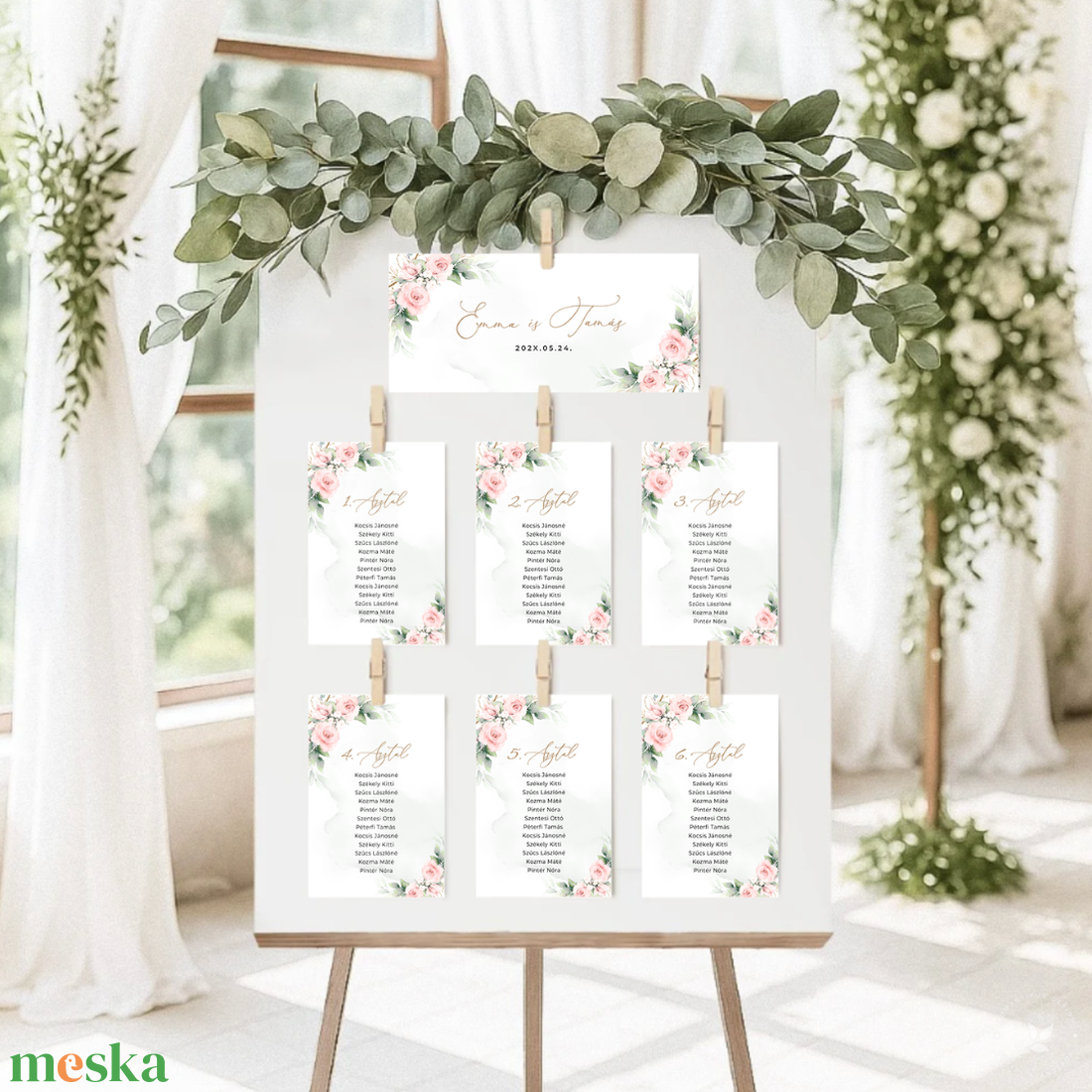 Ültetési rend, Esküvői Asztalszám, Rózsás Asztalszám, Esküvő Asztal, Ültetésirend, Ülésrend, Greenery, Zöld leveles - esküvő - meghívó & kártya - ültetési rend - Meska.hu