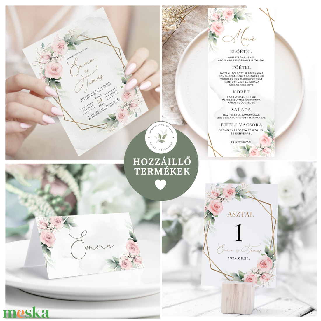 Ültetési rend, Esküvői Asztalszám, Rózsás Asztalszám, Esküvő Asztal, Ültetésirend, Ülésrend, Greenery, Zöld leveles - esküvő - meghívó & kártya - ültetési rend - Meska.hu