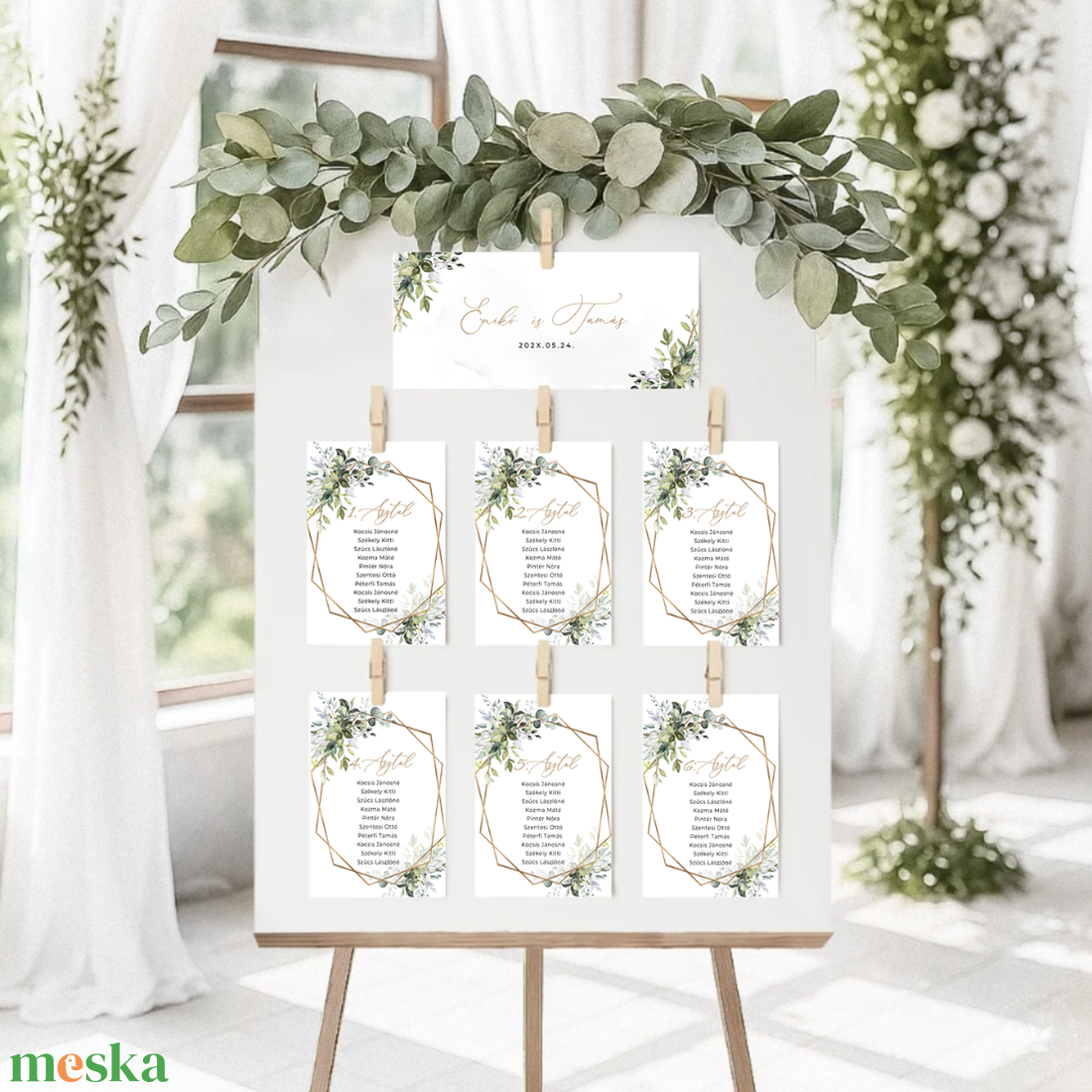 Zöld leveles ültetésirend, Esküvői Asztalszám, Greenery Asztalszám, Esküvő Asztal, Ültetésirend, Ülésrend - esküvő - meghívó & kártya - ültetési rend - Meska.hu