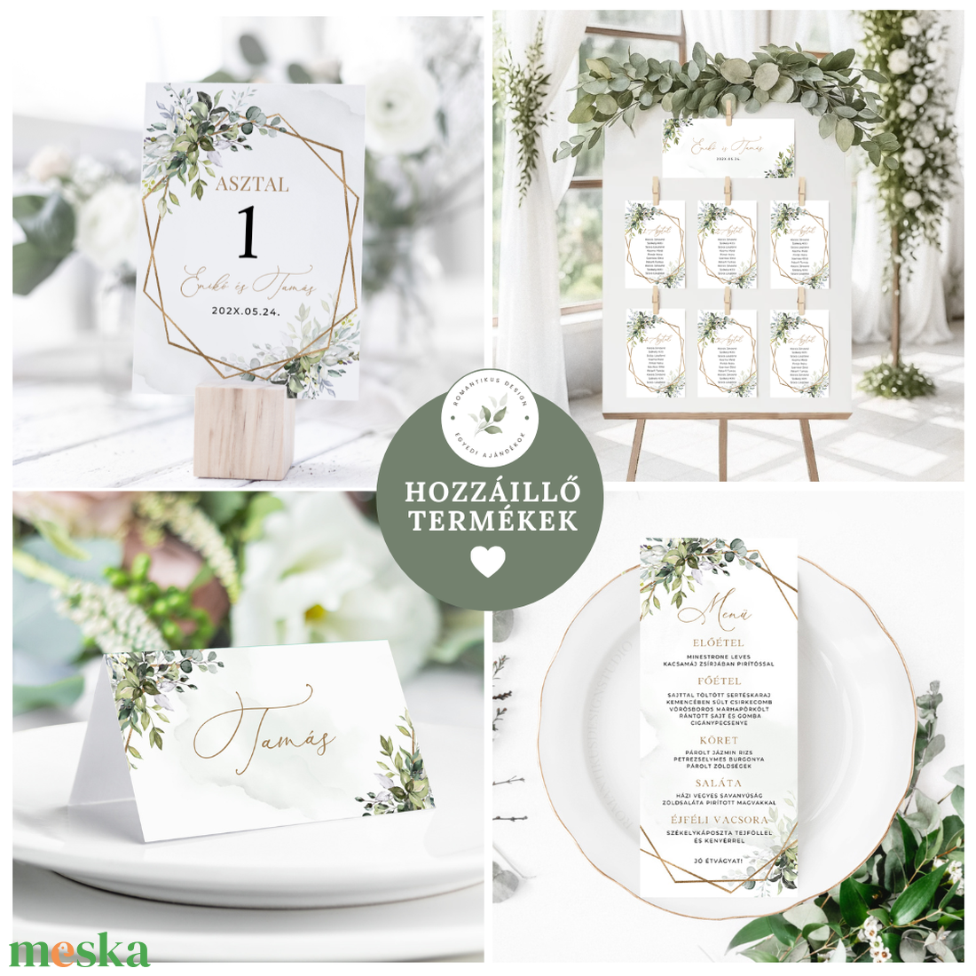 Zöld leveles esküvői asztalszám, Geometrikus asztalszám, Esküvő asztal, Asztal jelzés esküvőre, Asztalszám kártya, Arany - esküvő - dekoráció - tábla & jelzés - Meska.hu