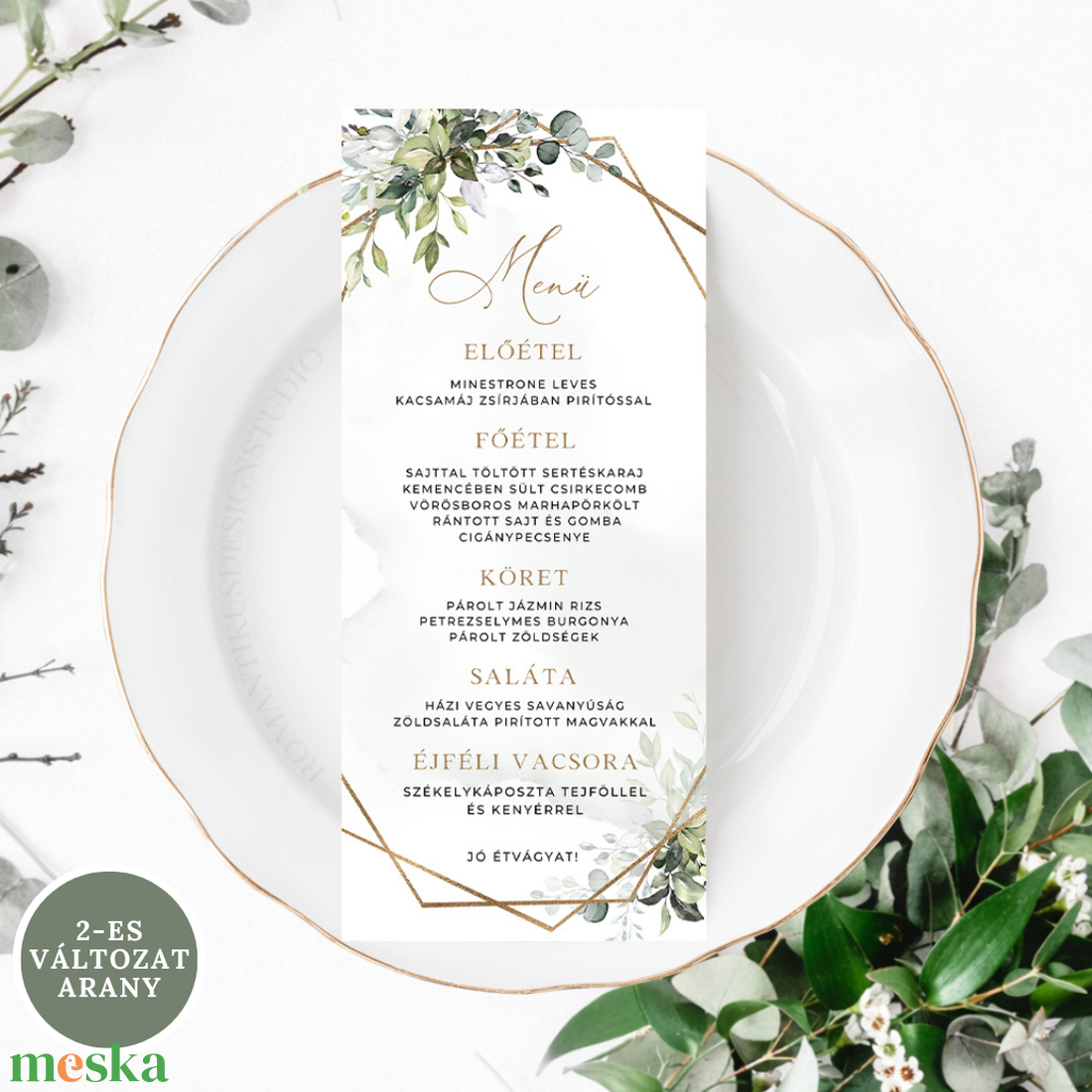 Zöld leveles Esküvői Menü, Eskűvő Étlap, Menü, Esküvő Étlap, Esküvői Asztal, Zöld Étlap, Itallap, Greenery Menü - esküvő - meghívó & kártya - menü - Meska.hu