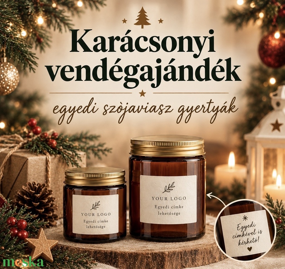 Szójagyertya vendégajándék karácsonyra, személyre szabható címkével 150ml - karácsony - karácsonyi lakásdekoráció - karácsonyi illatgyertya, mécses - Meska.hu