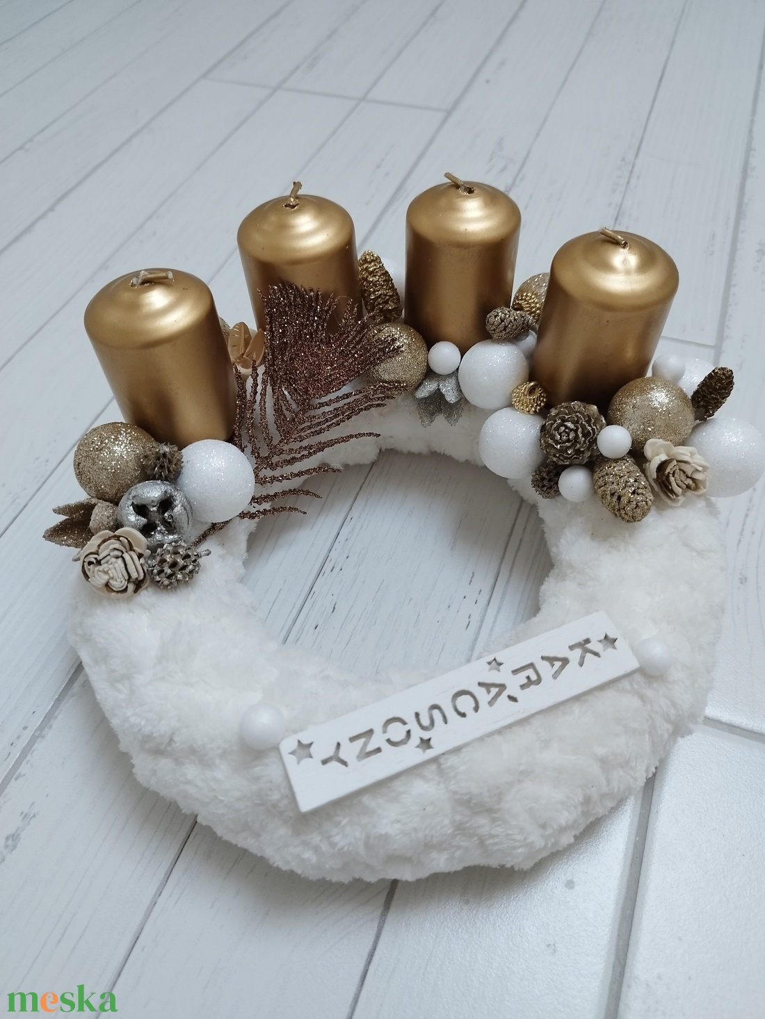 Arany-fehér adventi koszorú - karácsony - adventi díszek - adventi koszorú - Meska.hu