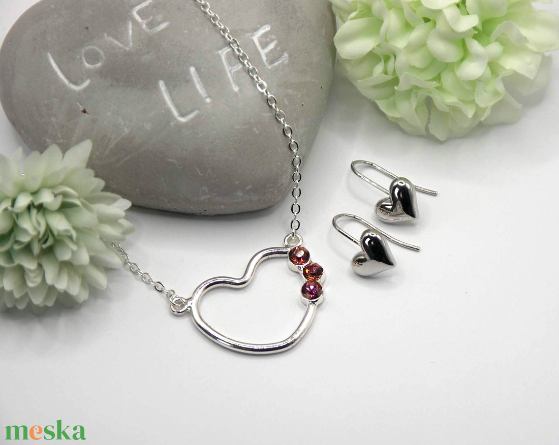 Swarovski kristályos, szív alakú, ezüst medál, nyaklánccal, ajándék fülbevalóval - ékszer - nyaklánc - medálos nyaklánc - Meska.hu