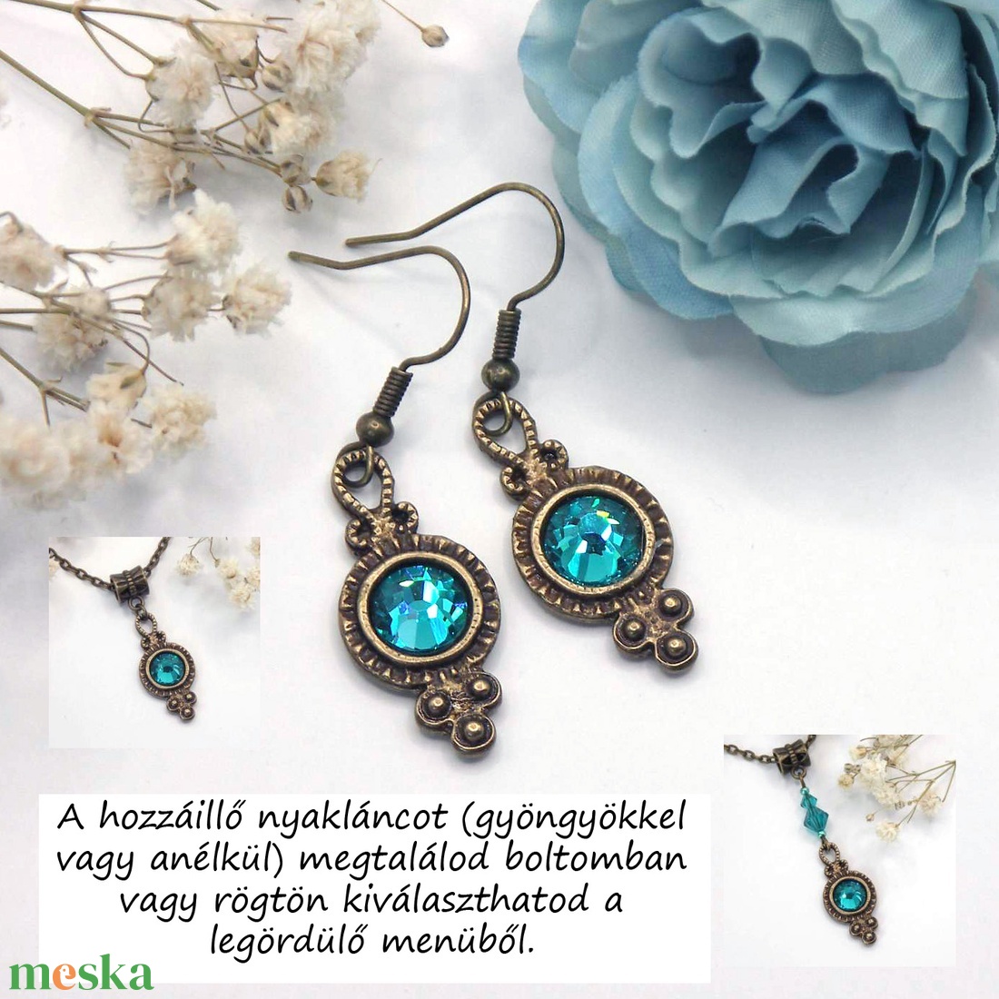 Tengerkék színű Preciosa kristályokkal készült antik bronz fülbevaló, akár szettben is, nyaklánccal - ékszer - fülbevaló - lógó fülbevaló - Meska.hu