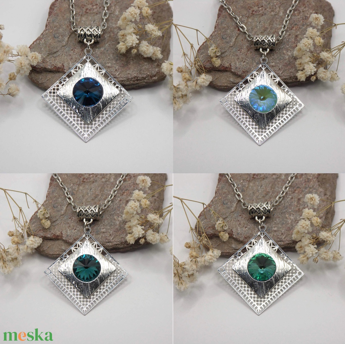 Swarovski kristályos nyaklánc, egyedi készítésú, négyszög formájú medállal, választható színű kristállyal - ékszer - nyaklánc - medálos nyaklánc - Meska.hu