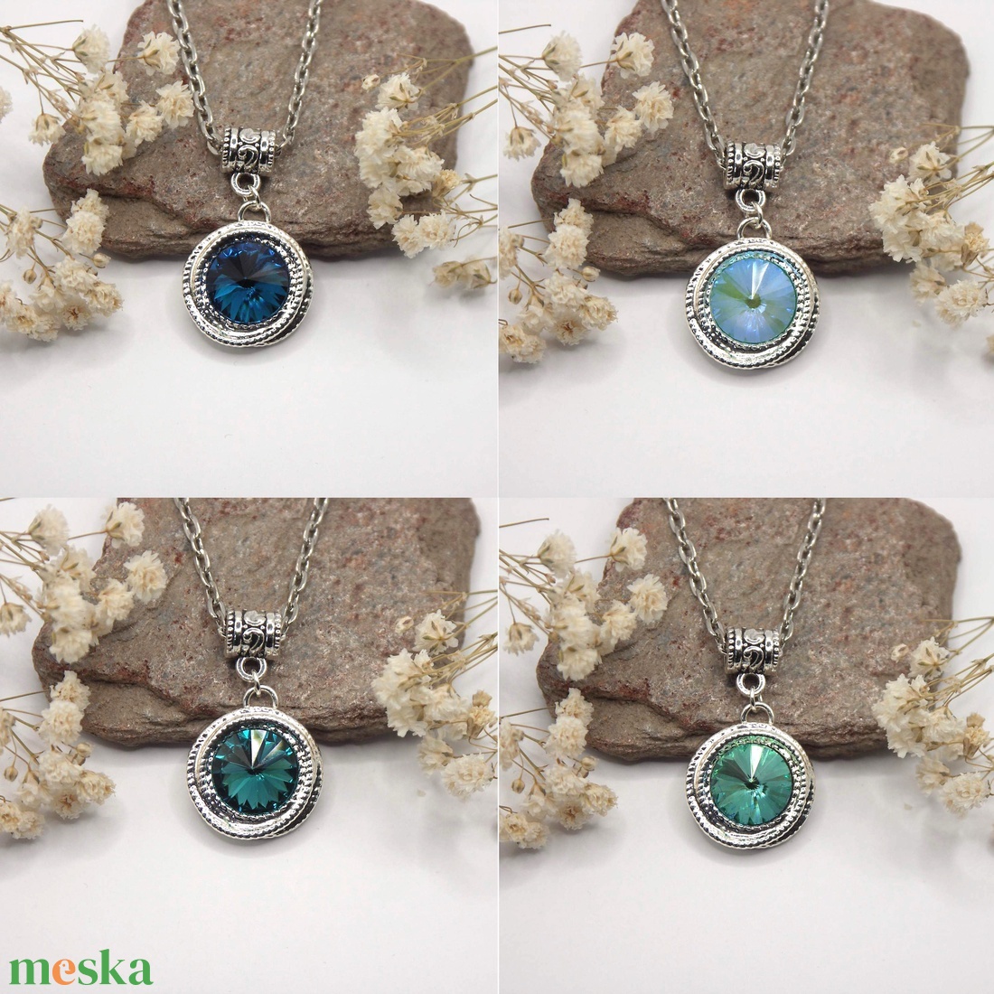 Swarovski kristályos nyaklánc, egyedi készítésú, peremes medállal, választható színű kristállyal - ékszer - nyaklánc - medálos nyaklánc - Meska.hu