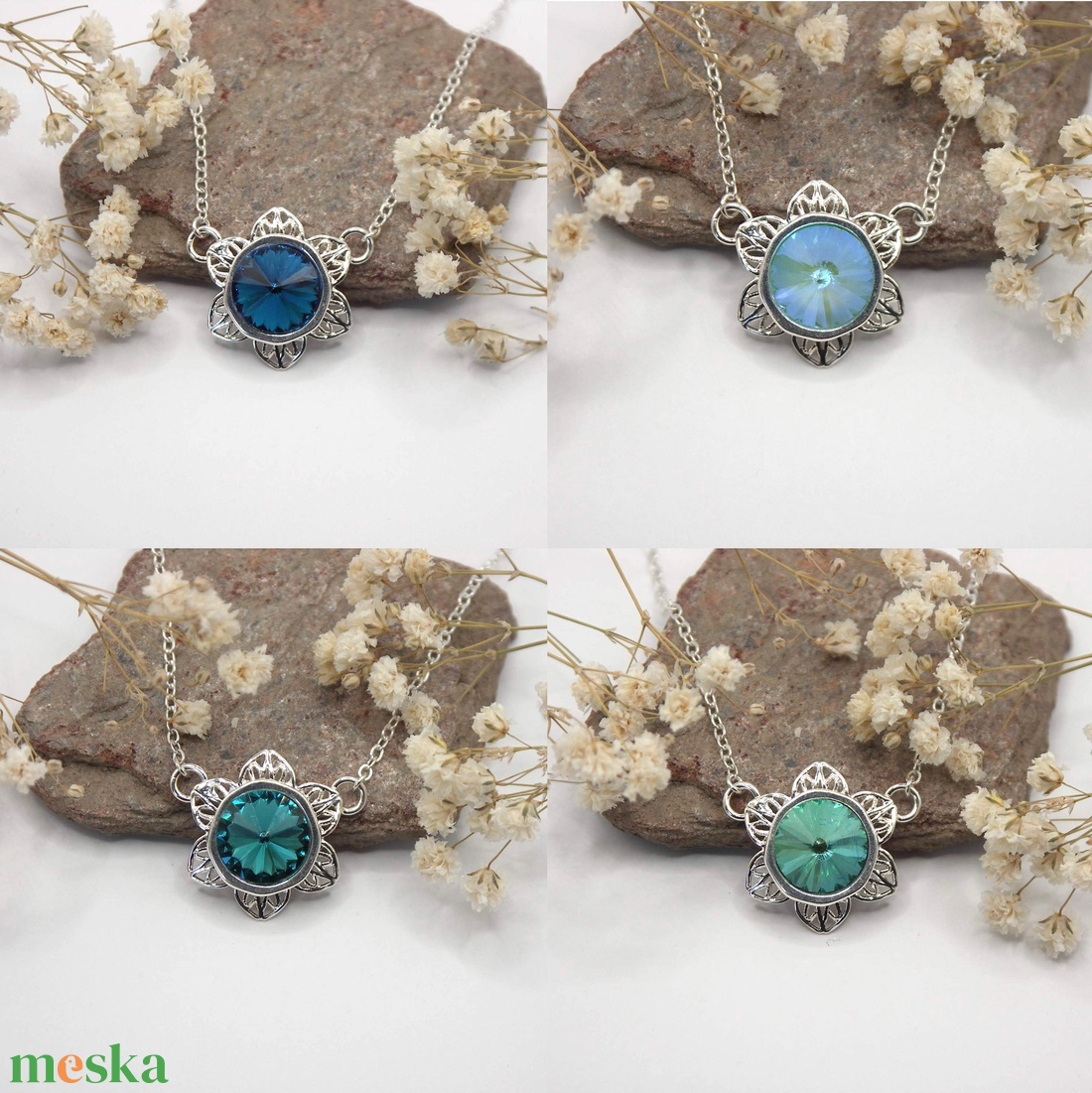 Swarovski kristályos nyaklánc, egyedi készítésú, virág formájú medállal, választható színű kristállyal - ékszer - nyaklánc - medálos nyaklánc - Meska.hu