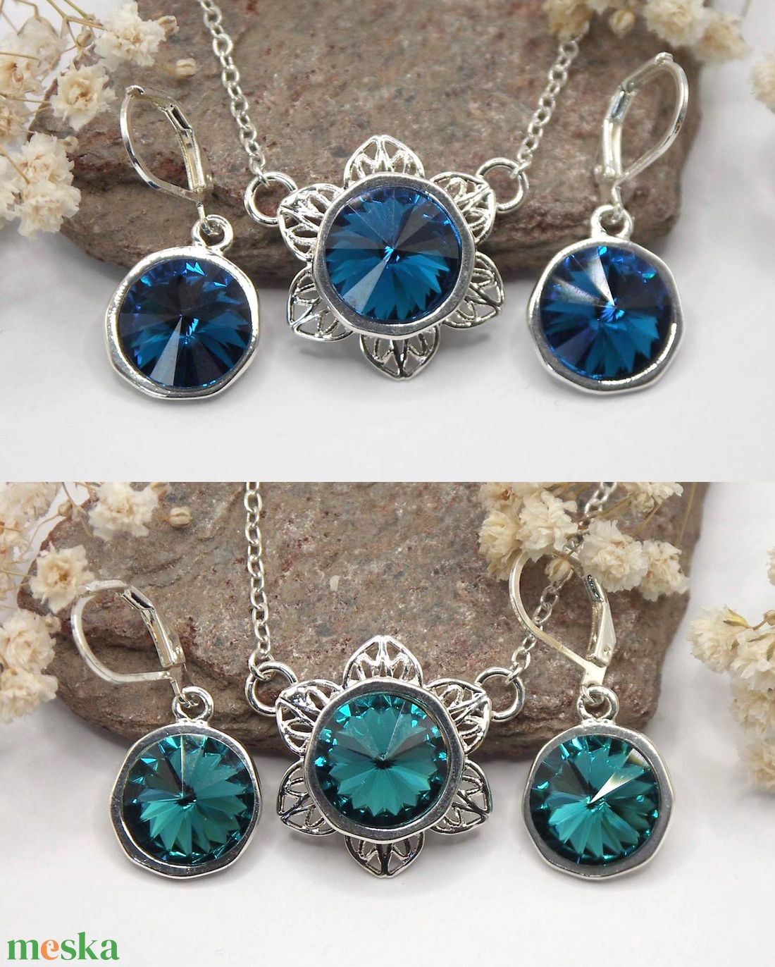 Swarovski kristályos nyaklánc, egyedi készítésú, virág formájú medállal, választható színű kristállyal - ékszer - nyaklánc - medálos nyaklánc - Meska.hu