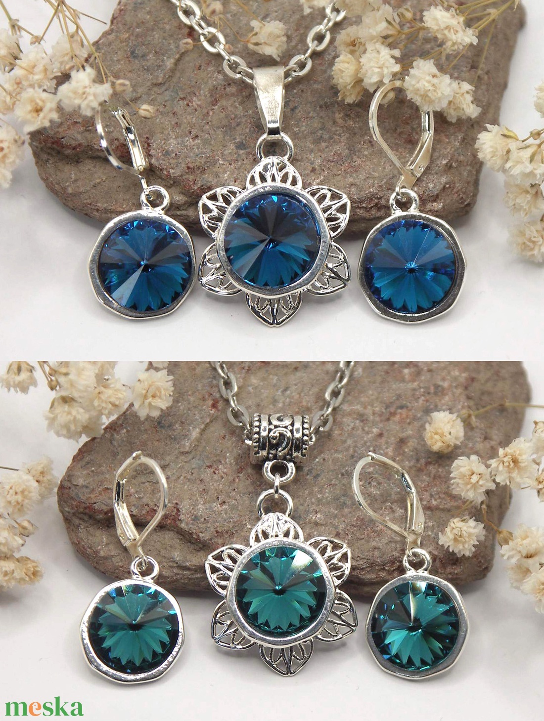 Swarovski kristályos nyaklánc, egyedi készítésú, virág formájú medállal, választható színű kristállyal - ékszer - nyaklánc - medálos nyaklánc - Meska.hu