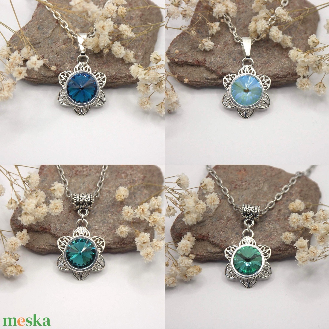 Swarovski kristályos nyaklánc, egyedi készítésú, virág formájú medállal, választható színű kristállyal - ékszer - nyaklánc - medálos nyaklánc - Meska.hu