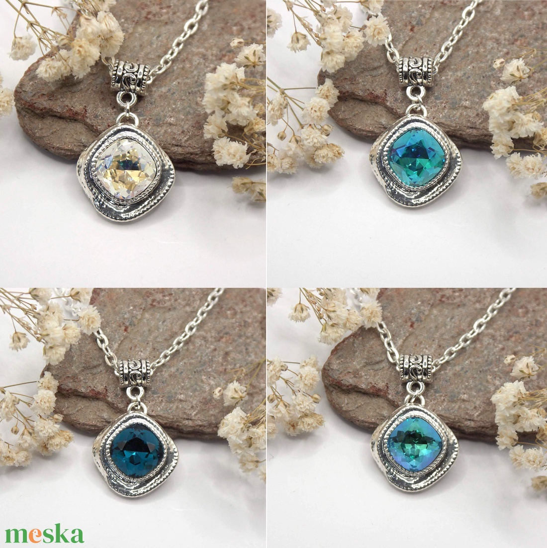 Swarovski kristályos nyaklánc, egyedi készítésú, peremes medállal, választható színű kristállyal - ékszer - nyaklánc - medálos nyaklánc - Meska.hu