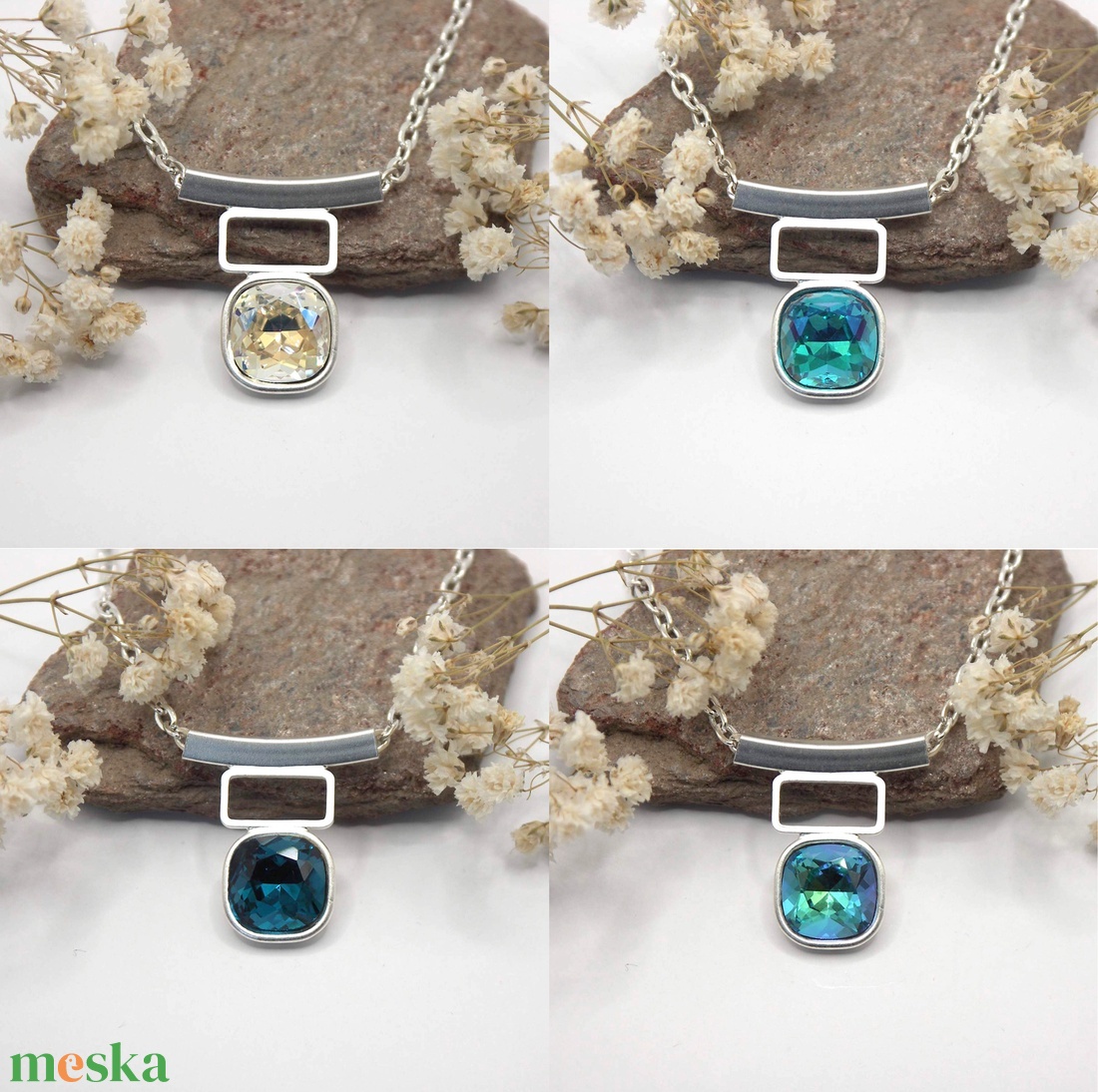 Swarovski kristályos nyaklánc, egyedi készítésú, különleges négyszög formájú medállal, választható színű kristállyal - ékszer - nyaklánc - medálos nyaklánc - Meska.hu