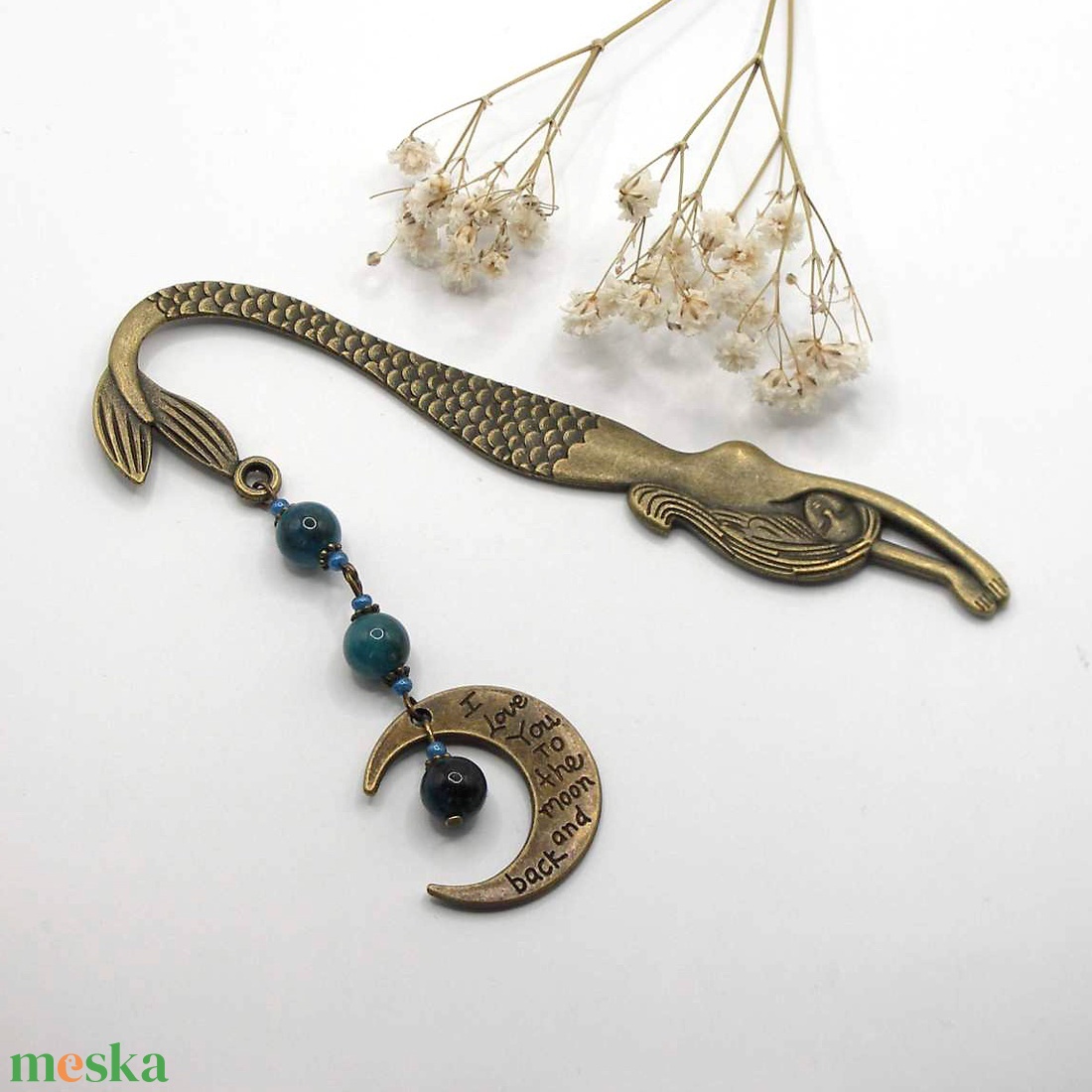 AJÁNDÉK dobozka! Antik bronz, nagyobb sellő alakú könyvjelző sötétkék apatit ásványgyöngyökkel, Hold függővel � Luna - könyv & zene - könyvjelző - Meska.hu