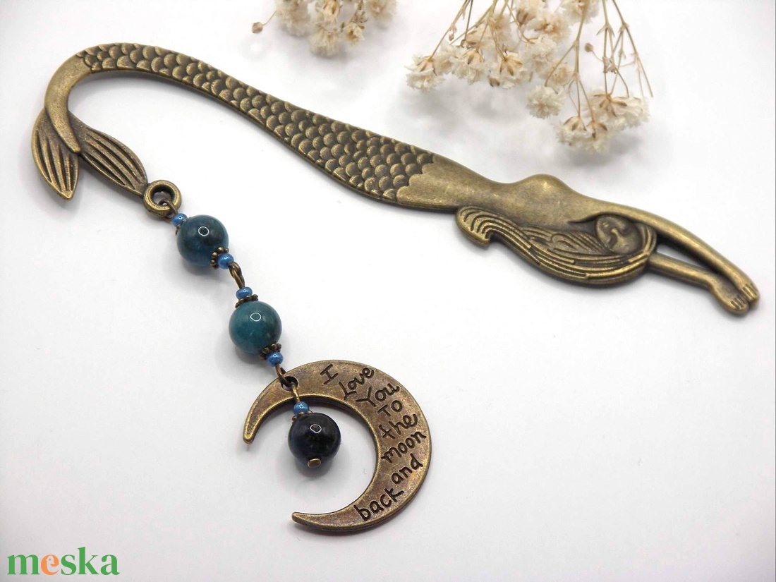 AJÁNDÉK dobozka! Antik bronz, nagyobb sellő alakú könyvjelző sötétkék apatit ásványgyöngyökkel, Hold függővel � Luna - könyv & zene - könyvjelző - Meska.hu