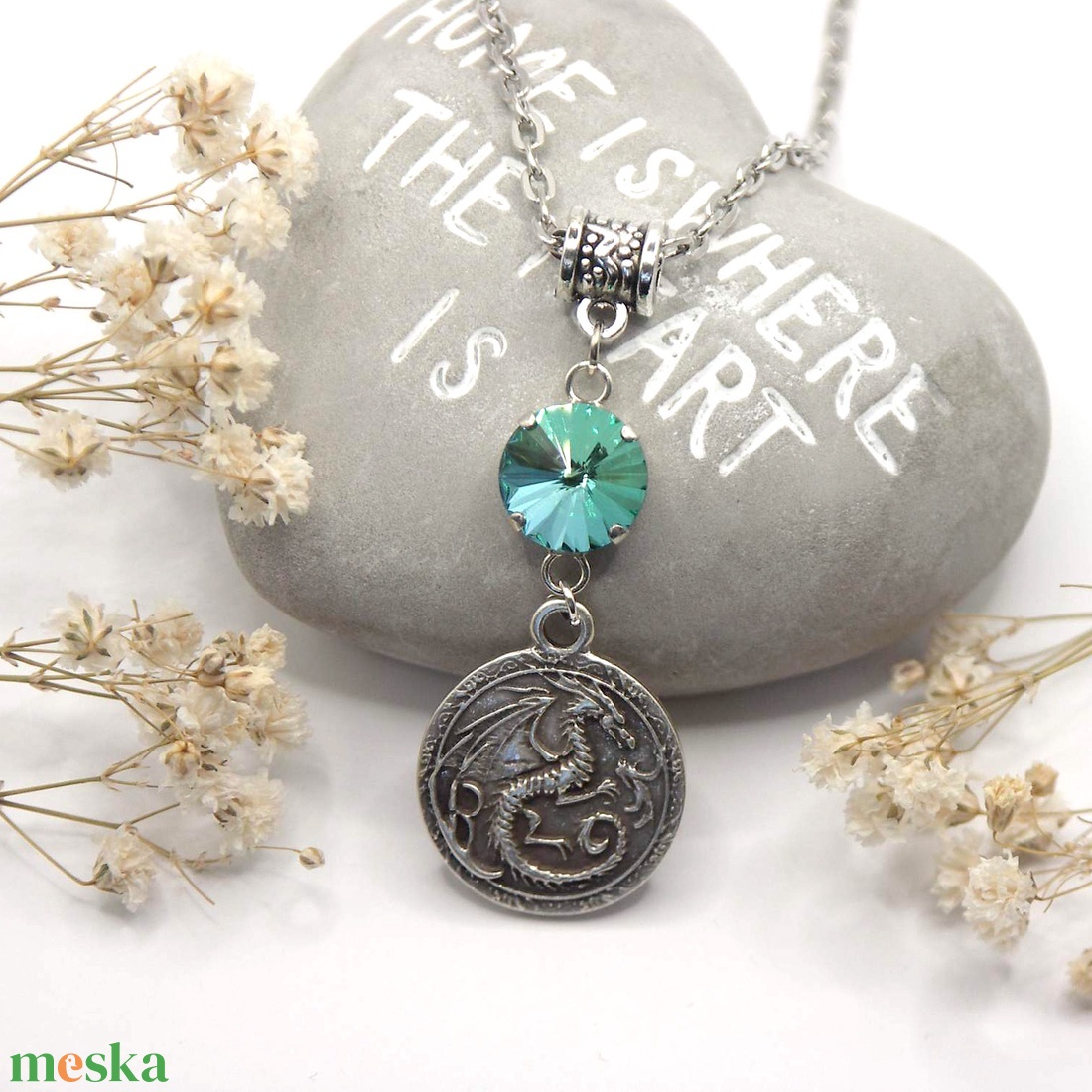 Tibeti ezüst sárkány medálos nyaklánc, kékes-zöld színű Swarovski kristállyal - Draco - ékszer - nyaklánc - medálos nyaklánc - Meska.hu