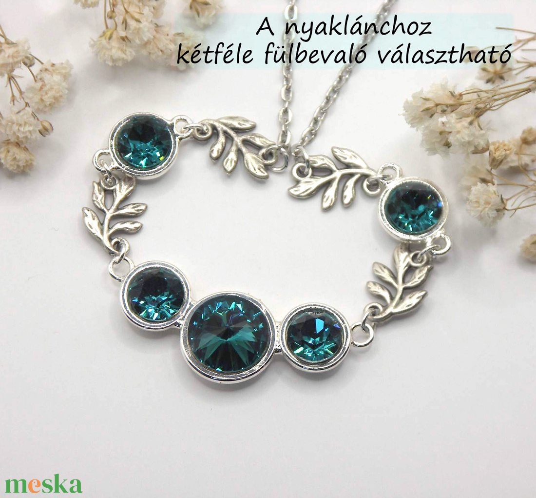 Kékes-smaragdzöld Swarovski kristályos, egyedi készítésú nyakék, kétféle választható fülbevalóval � Emerald Tide - ékszer - ékszerszett - Meska.hu