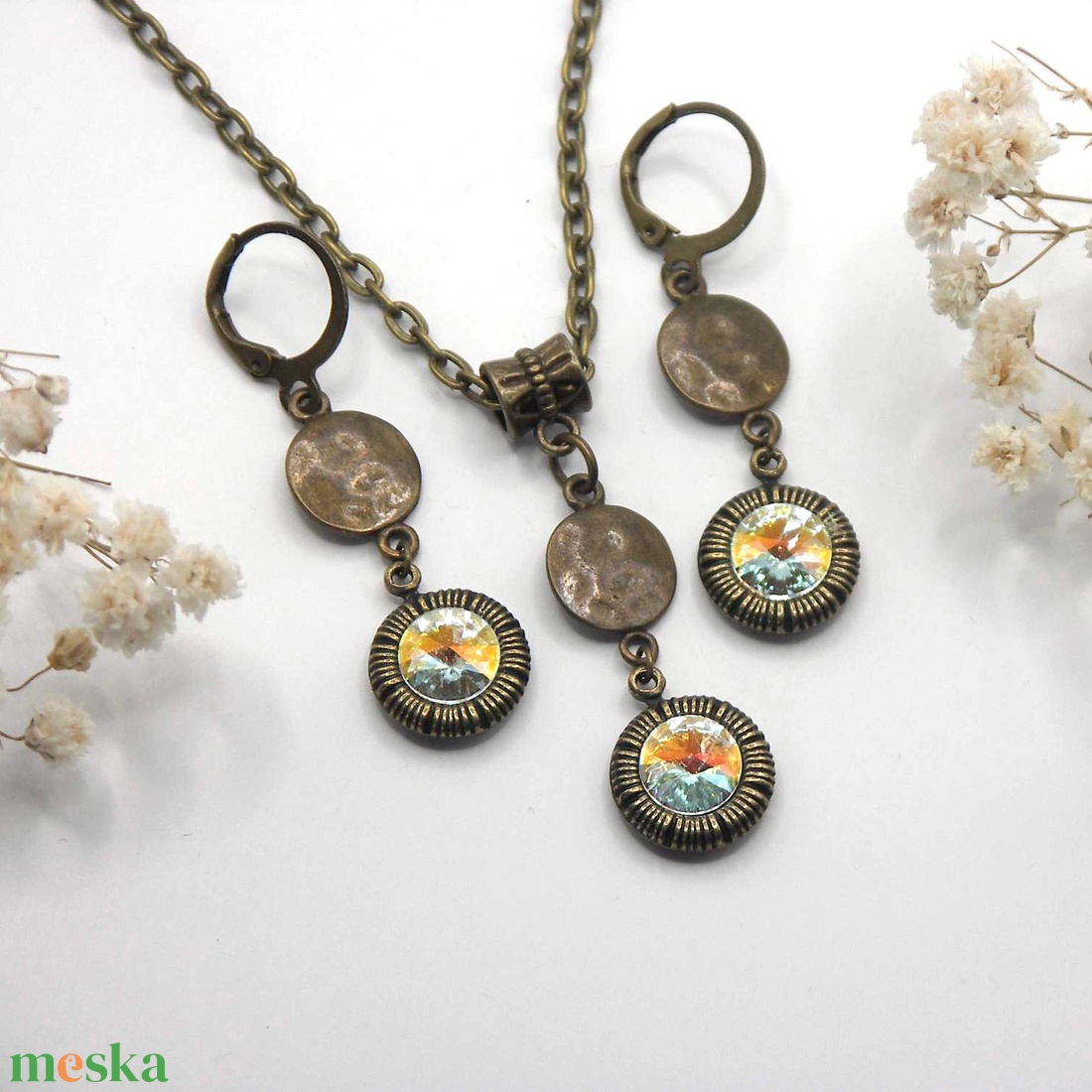 Meleg, napfényes csillogású Swarovski kristályos nyaklánc és fülbevaló szett - Helioris - ékszer - ékszerszett - Meska.hu