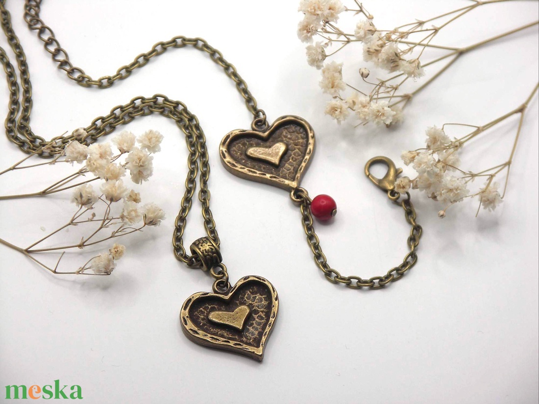 Antik bronz színű, dupla szív mintájú medálokból készült nyaklánc és karkötő szett - Ámor - ékszer - ékszerszett - Meska.hu