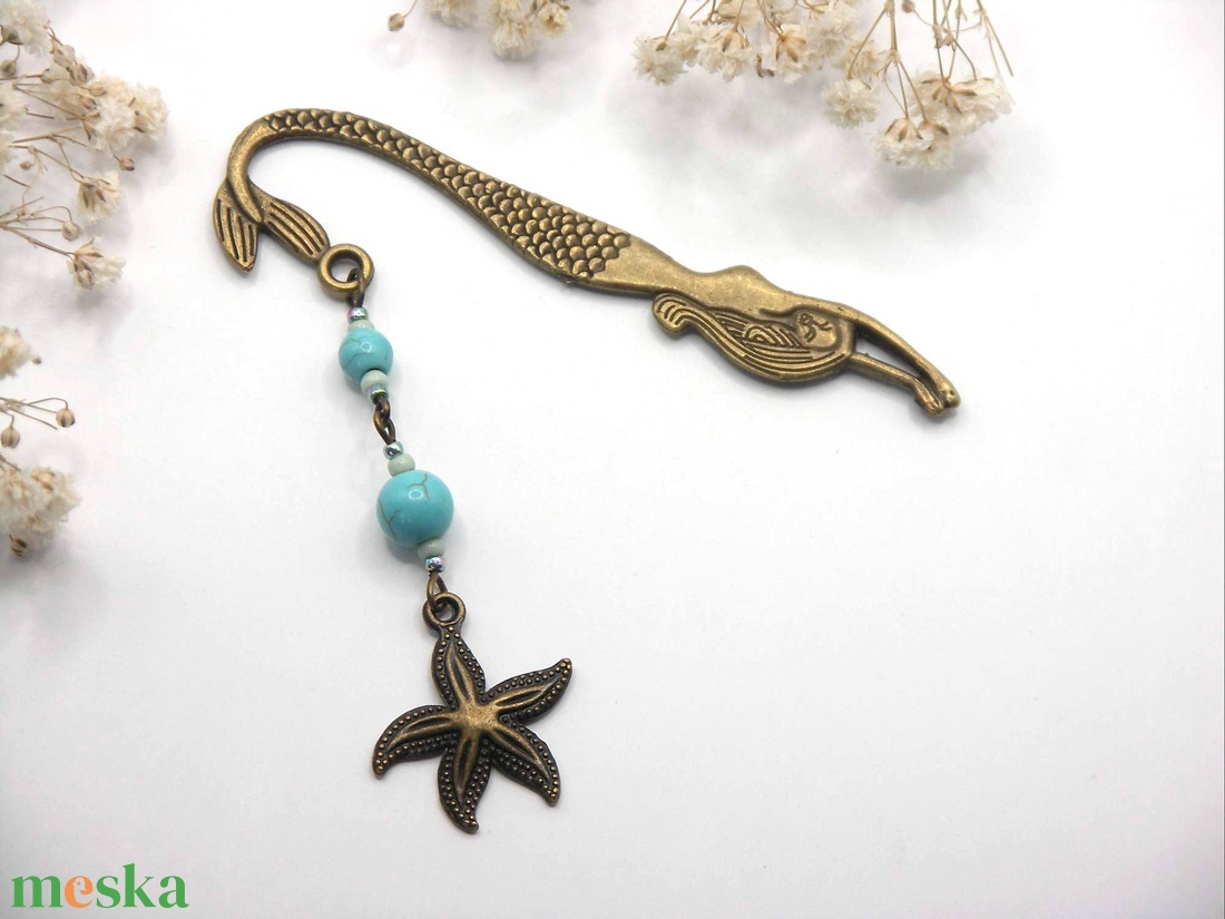 AJÁNDÉK dobozka! Antik bronz, sellő alakú könyvjelző türkinit ásványgyöngyökkel, tengeri csillag függővel � Nyári emlék - könyv & zene - könyvjelző - Meska.hu