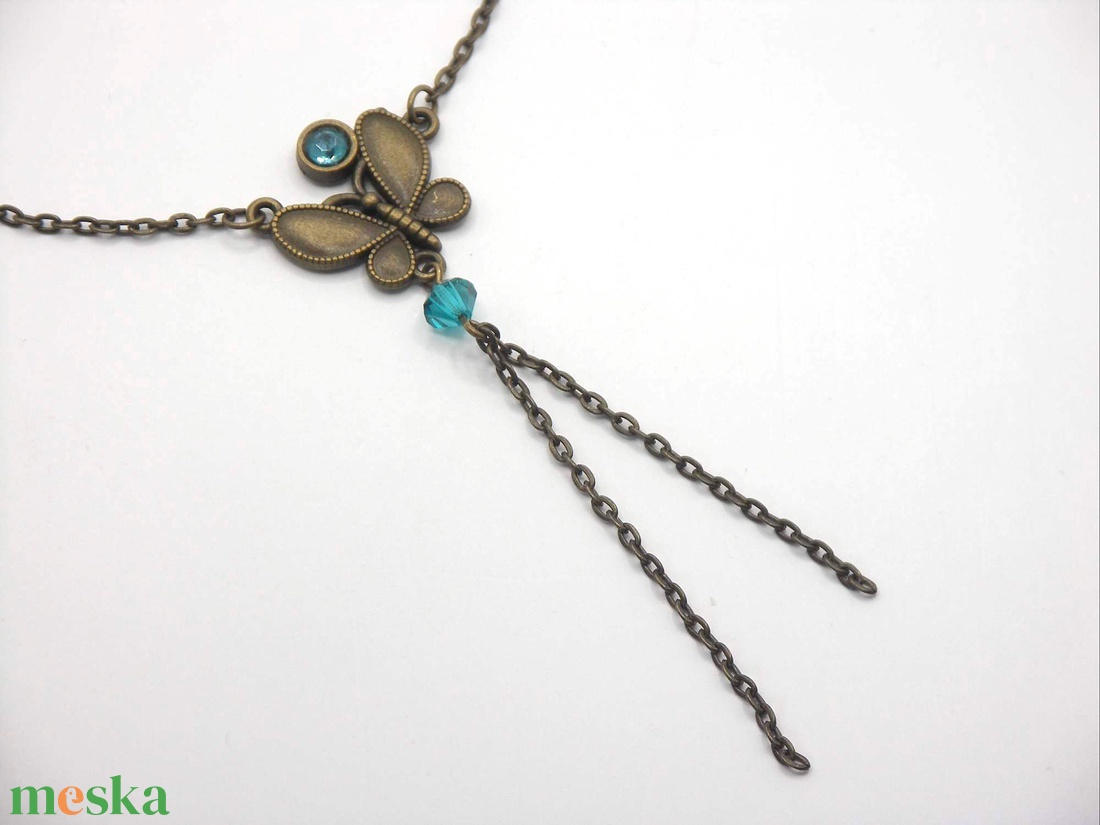 Antik bronz lepke medál apró, lagúnakék Swarovski gyöngyökkel - Papilio - ékszer - nyaklánc - medálos nyaklánc - Meska.hu