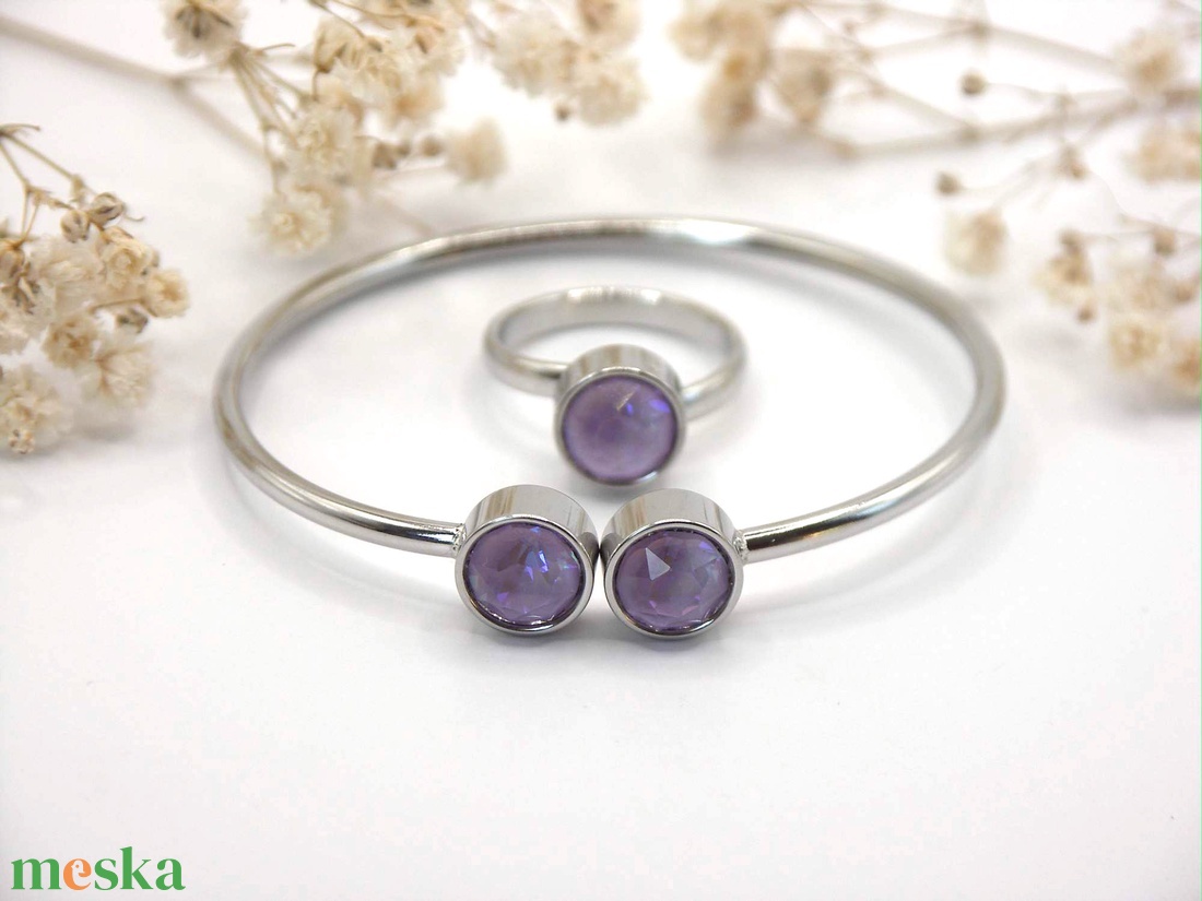 Nemesacél karkötő és gyűrű szett sejtelmes halványlila Swarovski kristályokkal - Duett - ékszer - ékszerszett - Meska.hu