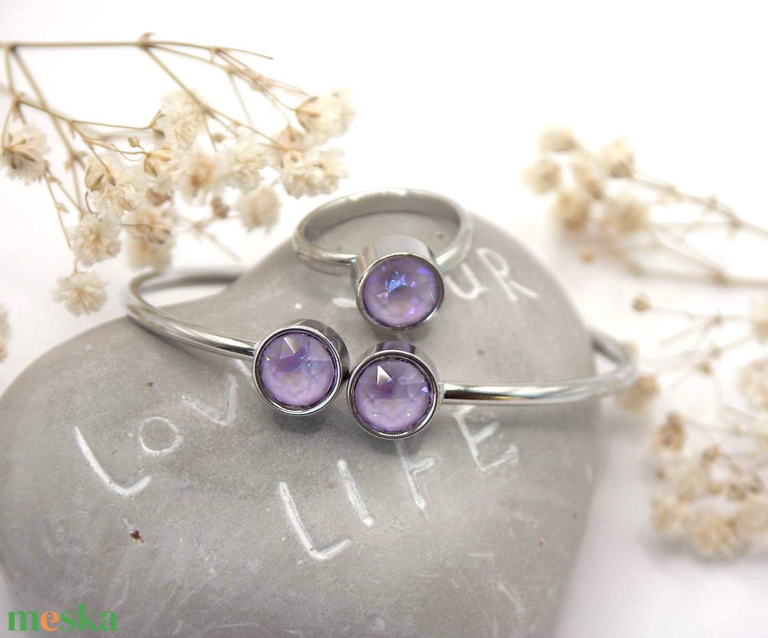 Nemesacél karkötő és gyűrű szett sejtelmes halványlila Swarovski kristályokkal - Duett - ékszer - ékszerszett - Meska.hu