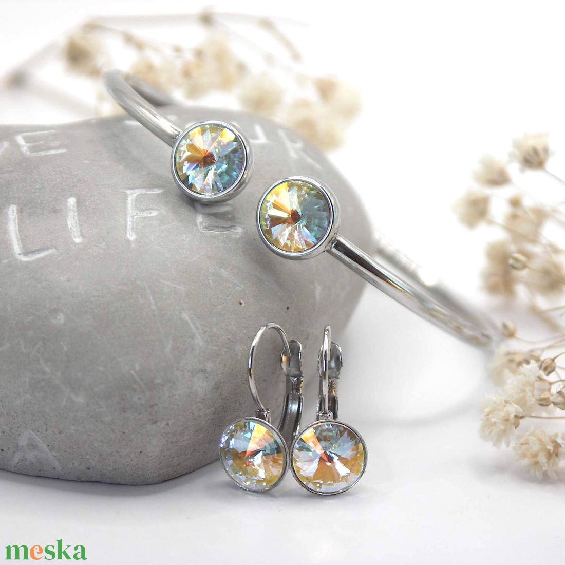 Nemesacél karkötő és fülbevaló szett csillogó, tiszta árnyalatú Swarovski kristályokkal - Glint - ékszer - ékszerszett - Meska.hu