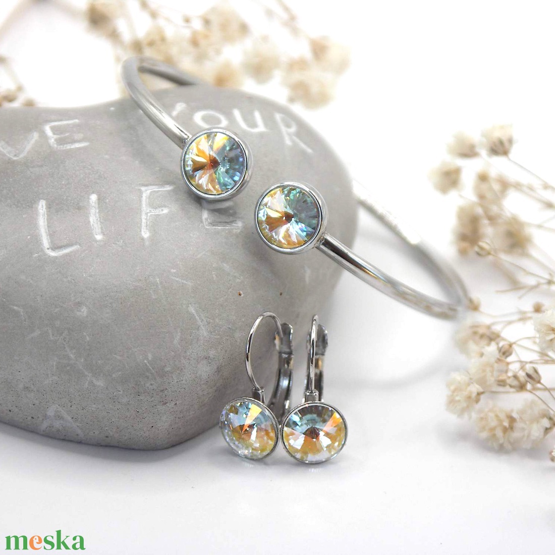 Nemesacél karkötő és fülbevaló szett csillogó, tiszta árnyalatú Swarovski kristályokkal - Glint - ékszer - ékszerszett - Meska.hu