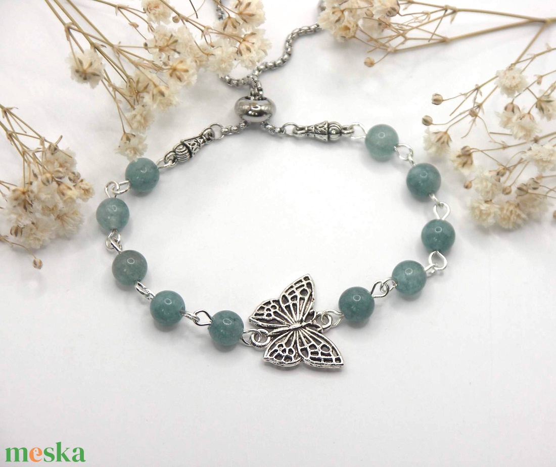 Aquamarine ásványgyöngyökből készült állítható méretű karkötő és fülbevaló szett - Aqua Papilio - ékszer - ékszerszett - Meska.hu