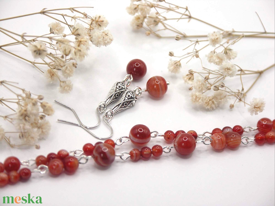 Narancs karneol ásványgyöngyökből készült kétsoros karkötő és fülbevaló szett - Sunlit - ékszer - ékszerszett - Meska.hu