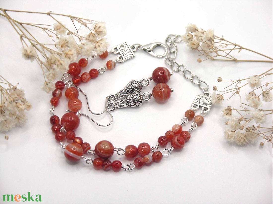 Narancs karneol ásványgyöngyökből készült kétsoros karkötő és fülbevaló szett - Sunlit - ékszer - ékszerszett - Meska.hu