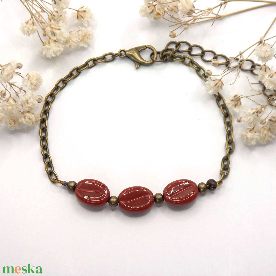 Antik bronz karkötő réz középvonalú, barna színű kávészemekkel � Americano - ékszer - karkötő - gyöngyös karkötő - Meska.hu